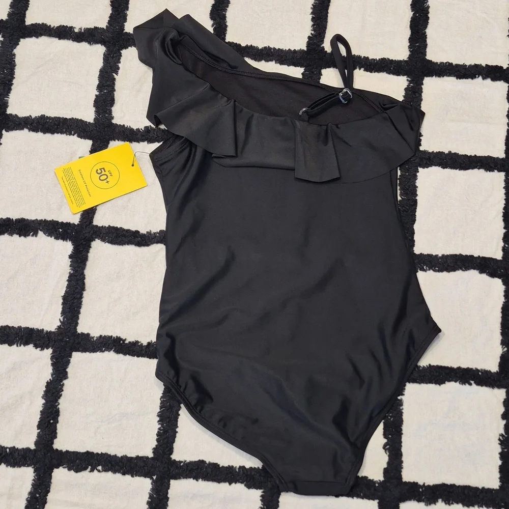 GAP Girls Black One-Shoulder Ruffle One-Piece Swimsuit